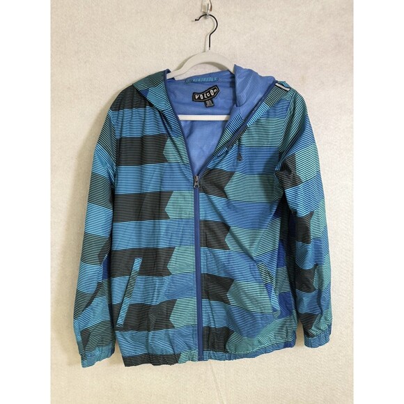 Volcom Hoodie Windbreaker Jacket Zip Boys  Large Blue Stripe Surf skateboard - Picture 1 of 11